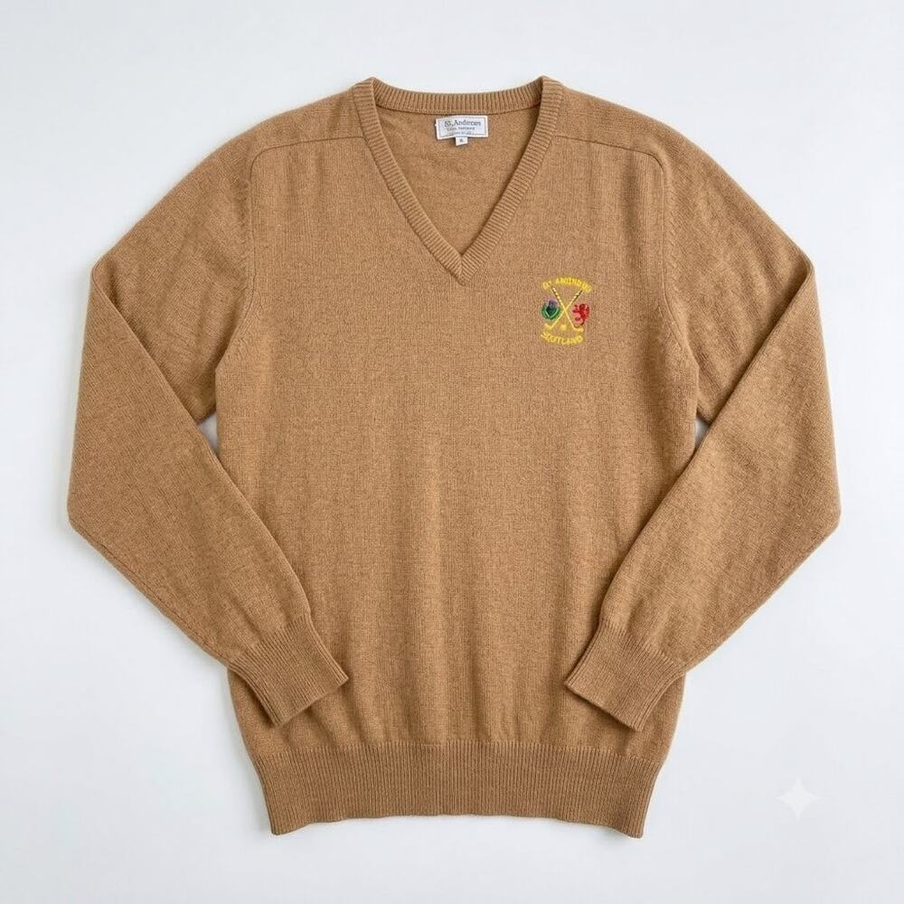 St Andrews Golf Company Scotland Vintage V Neck Sweater Tan England Mens 44 L